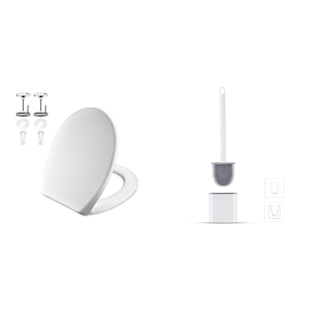 GRIFEMA G952, Abattant WC Forme O, Cuvette Toilette avec Frein de Chute, Lunette WC avec Fermeture & Ibergrif Brosse WC Silicone Plate- Brosse Toilette et Supports, Anti-goutte, Antibactérienne