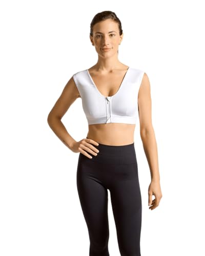 Image of Tommie Copper Shoulder Support Compression Bra with Front Zipper Closure Wireless Posture Corrector & Back Support Bra UPF 50