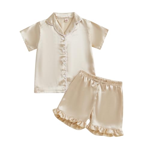 Kuriozud Toddler Baby Girl Summer Satin Pajamas Kids Summer Pjs Set Short Sleeve Button Down Nightwear Sleepwear 0-6T