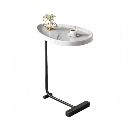 KUBERAS小サイドテーブルC字デザイン木目調カフェ風ミニ/コーヒーテーブル軽量安定+落下防止デザインリビングルーム寝室小空間適用小物置き専用です (白大理石調凹面,黒色フレーム)