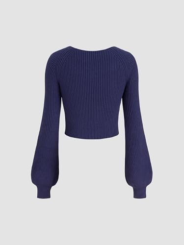 Image of CIDER Women's Crop Top Sweater Square V Neck Lantern Sleeve Cute Rib Knit Pullover