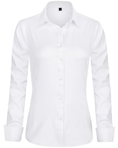 J.VER Bluse Damen Casual Business Bluse Damen Button Down Shirts Klassische Langarm Kragen Tops Bügelleichtes Modern Oberteil,Weiß,L