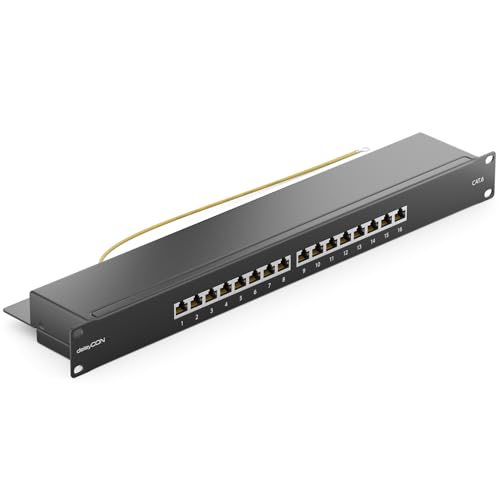 deleyCON CAT 6 Patchpanel Verteilerfeld 16 Port - Desktop 19 Zoll Rackeinbau Servermontage - RJ45 - Geschirmt - TIA568A TIA568B Schwarz
