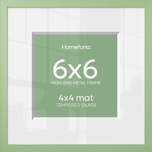 Image of Homeforia 6x6 Green Picture Frame, High-End Metal, 4x4 Mat, Glass | High End Aluminum, Tempered Glass, Acid-Free 4x4 Removable Mat, 6x6 in Edge-to-Edge Display 6x6, Wall Kit, Set Of 1