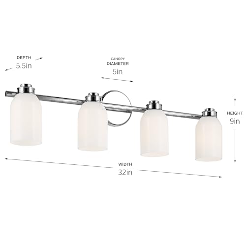 Image of Kichler Shae 4-Light Bathroom Vanity Light, Chrome | White opal glass vanity light for modern bathroom mirrors (32.25 inch x 9 inch), 55203CH
