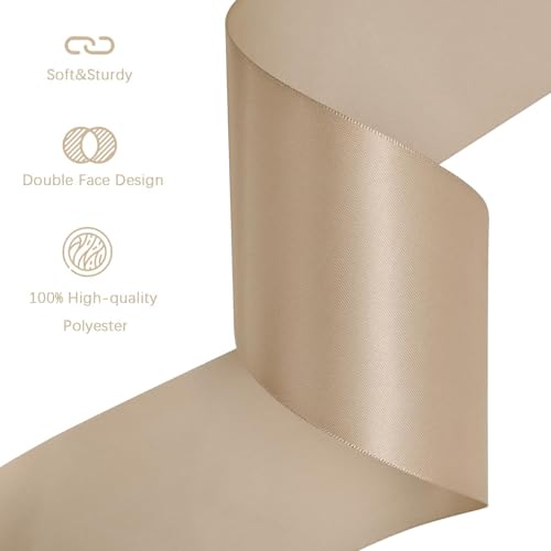 Image of Tan Satin Ribbon 3 inch X 15 Yards Polyester Ribbon for Gift Wrapping Very Suitable for Weddings Party Hair Bow Invitation Decorations and More
