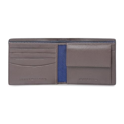 Image of Tommy Hilfiger Men's Leather Wallet Pelotas | Solid Brown Bi-Fold with Global Coin Pocket, 4 Card Slots | Stylish Purse for Gents