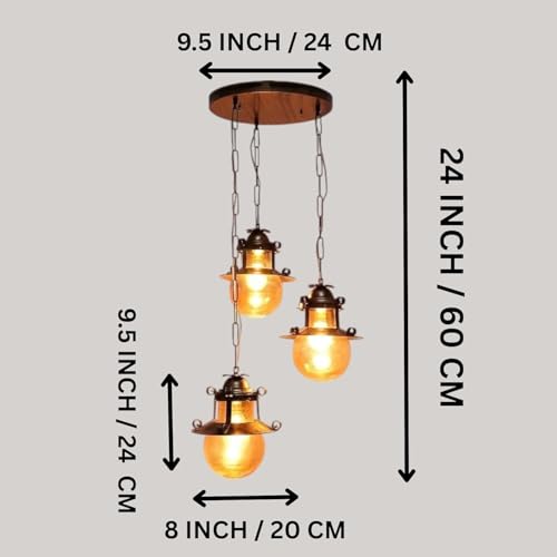 Image of GreyWings Antique Brass Triple Hanging Light for Ceiling, 3 Pendant Lamps for Home Decor, Metal & Glass Chandelier, Indoor Vintage Light, (Bulb Not Included) 3LP Set