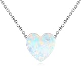 Kaletine Synthetic Opal Love Heart Pendant Necklace Sterling Silver 925 for Women 16-17-18 Inches (White)