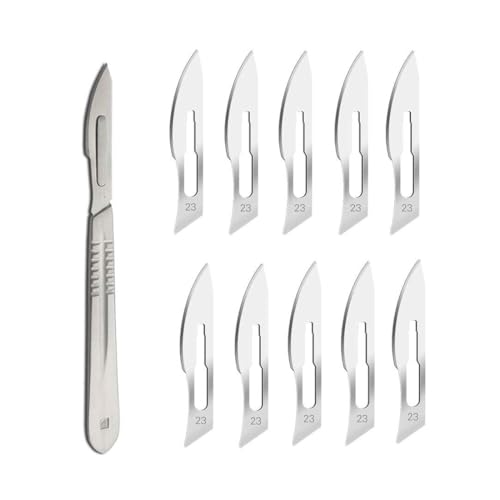 SGERUFZ 10 pcs Lames Stériles Jetables avec 1 Manche de Scalpel, Idéal pour Découpe, Pédicure, Artisanat, Modélisme, Matériaux et Cuir (N° 23)