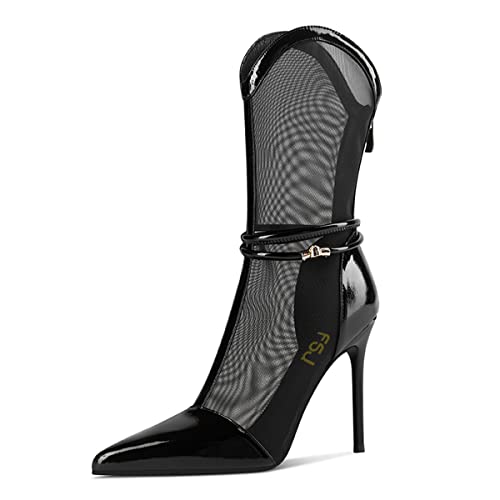 FSJ Women Sexy Pointed Toe Stiletto High Heel Mesh Mid Calf Boots Glossy Back Zipper Summer Casual Sandal Shoes Size 4-15 US