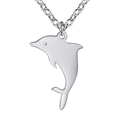 TEAMER Collar de Delfín Resizable Anillo de Delfín Acero Inoxidable Cute Jumping Dolphin Colgante Delfín Amante de los Animales Joyería Boho Summer Sea Para Mujeres Hombres (Collar Delfín - Plata)