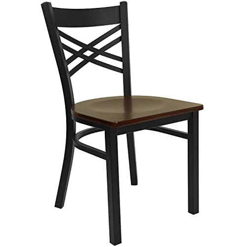 Image of Flash Furniture 2 Pack HERCULES Series Black ''X'' Back Metal Restaurant Chair - Mahogany Wood Seat