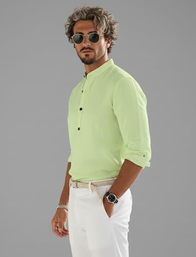 Image of Men's Cotton Blend Straight Kurta Shirt with Mandarin Collar - Slim Fit Casual Short Kurti Featuring Textured Slub Fabric and Roll-Up Full Sleeves