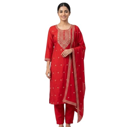 Image of Women's Embroidered Pant with Dupatta Set Ethnic Straight| Traditional Elegant Embroidery Work | Regular Fit | Three-Piece Ethnic Dress Set
