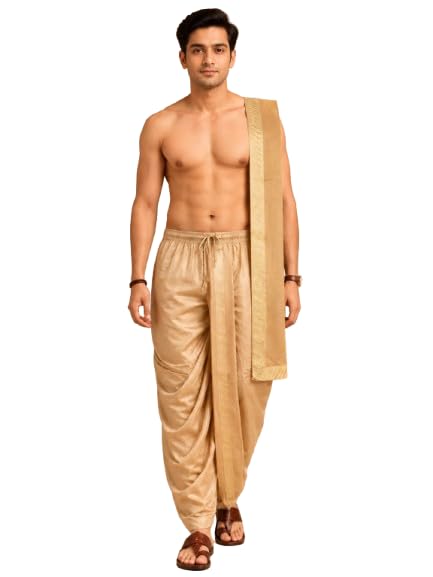 Art Silk Zari Border Dhoti with Dupatta for Men-image-0
