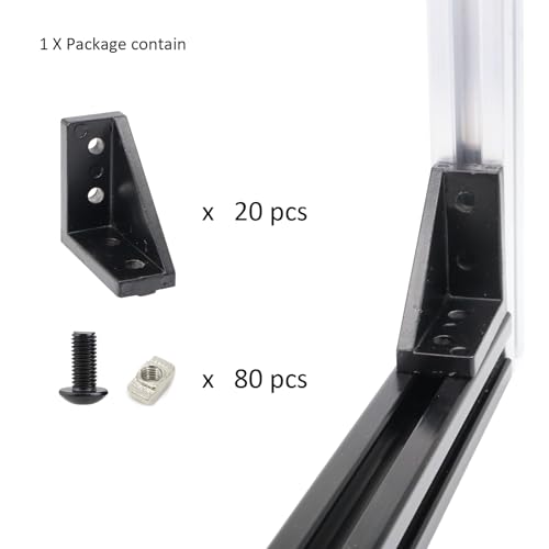 Image of 20 Sets 2020 Aluminum Extrusion T Slot Corner Bracket 20 Series Extruded Hardware 90 Degree Right Angle Connector with M5 Bolts Nuts for 20 /20 80 20 2040 T V Slot Black Aluminum Profile