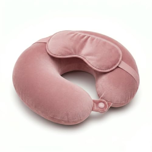 Image of Travel Neck Pillow for Adults, Fiber Filled U-Shaped Neck Support Pillow with Button Closure, Soft Plush Neck Cushion for Airplane, Car, Office & Travel (Pink)