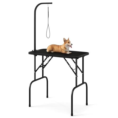 COSTWAY 32 Dog Grooming Table Folding Pet Beauty Station with Height Adjustable Arm Noose Portable Drying Trimming Table for Small Medium Dogs Cats