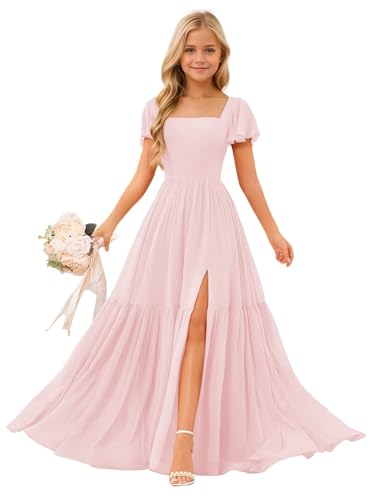 Short Sleeves Junior Bridesmaid Dresses Chiffon Flower Girls Dresses for Wedding A Line Girls Pageant Gowns4
