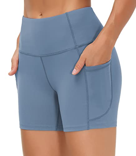 Image of THE GYM PEOPLE High Waist Yoga Shorts for Women's Tummy Control Fitness Athletic Workout Running Shorts with Deep Pockets