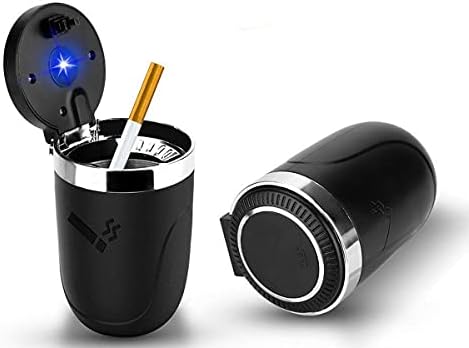 Car Ashtray 2PCS , Portable Car Ashtray with Lid Smell Proof, Odorless Ash Tray Sets for Weed, Smokeless Ashtray for Cigarettes, Easy Clean Up Detachable Stainless Car Tray with Lid Blue Led Light for Most Car Cup Holder (Black)