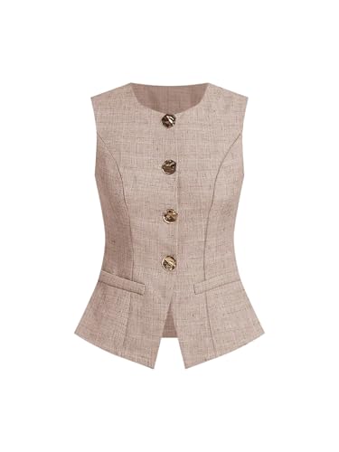 SOLY HUX Women's Button Up Blazer Vest Elegant Crew Neck Sleeveless Business Casual Waistcoat