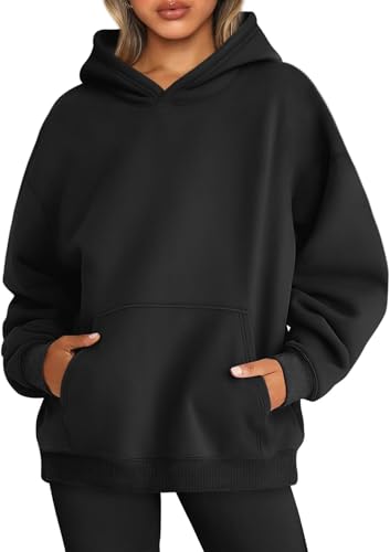 WINKEEY Femme Sweat à Capuche Pull Oversize Casual Sweatshirt Hiver avec Poche, Noir M