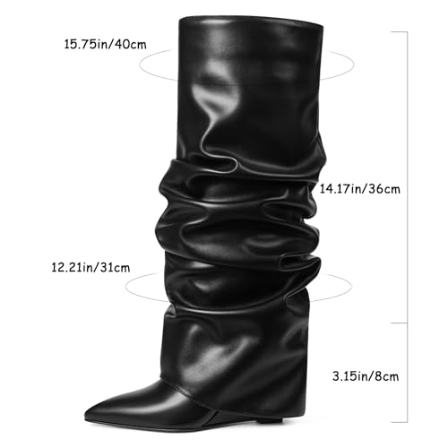 Oiamenne Women's Fold Over Boots Slouch Knee High Boots for Women Wedge Heel Pointed Toe Tall Boot, Wide Calf, Pull-on3
