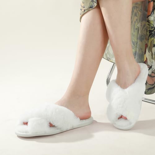 Image of Ankis Women's Fuzzy Slippers Cross Band Memory Foam Open Toe Comfy Soft House Shoes Anti-Slip Indoor Outdoor Gifts for Women