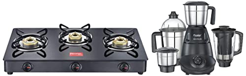 Prestige IRIS Plus 750 watt mixer grinder & IRIS LPG Gas Stove, 3 Burner, Black, Glass, Manual