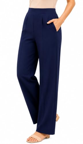 Image of Women's Mid Rise Wide Leg Trousers with Elastic Waist & Pockets
