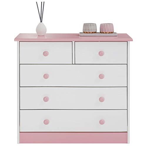 IDIMEX Commode de Chambre Rondo Meuble de Rangement avec 5 tiroirs, en pin Massif lasuré Blanc et Rose