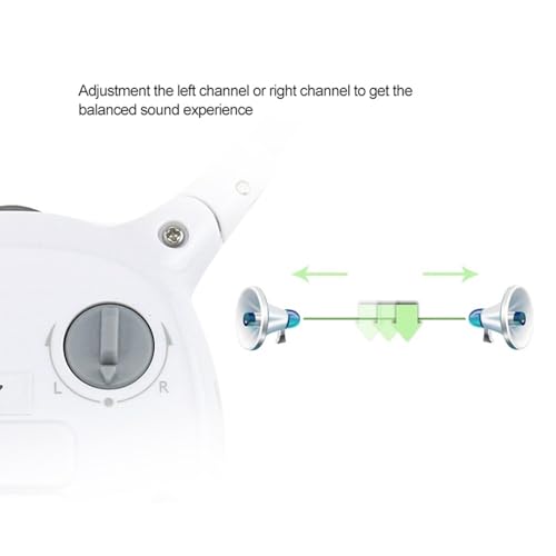 Diagram showing the left/right channel adjustment dial on the headphones and its effect on sound balance.