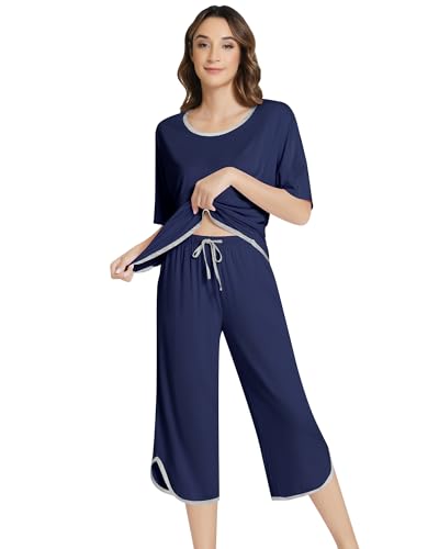 Image of NACHILA Women's Pajamas Sets Short Sleeve Sleepwear Soft Pjs Cool Loungewear with Capri Pants, Viscose made from Bamboo