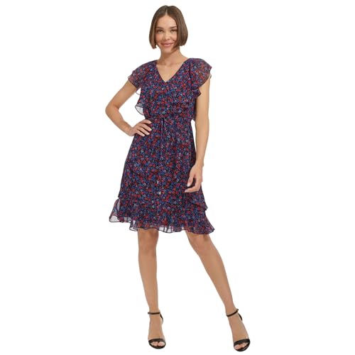 Image of Tommy Hilfiger Women's Sleeveless V-Neck Ruffle Trim Tie Waist Chiffon Mini Dress