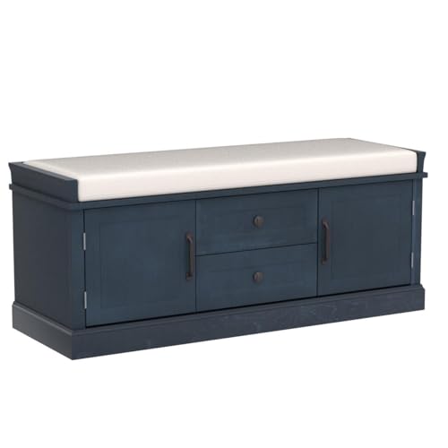 Merax Farmhouse Wood Shoe Bench with Storage and Seat Cushion for Entryway Hallway Front Door Antique Navy