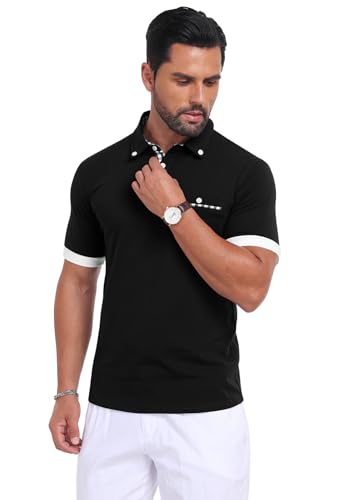 Mens Casual Short Sleeve Summer Polos Plaid Splice Fashion Button Cotton T-Shirt Golf Tennis Tops4