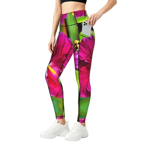 Leggings con estampado de flores de hibisco para gimnasio de mujer