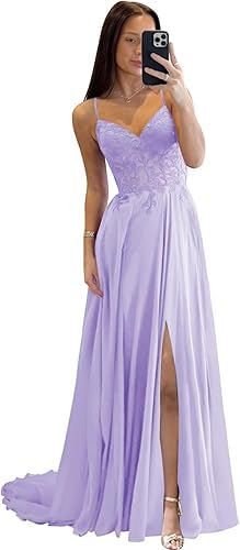 Vestido de gasa para baile de graduación, tirantes delgados, vestido de baile, vestido de baile acampanado con apliques de encaje, vestidos de fiesta de noche con abertura, morado, XS