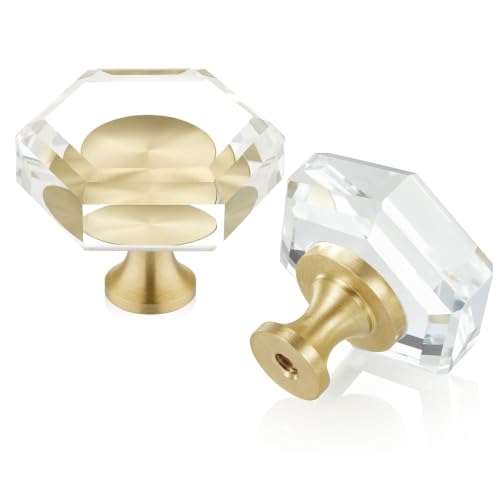 Image of QOGRISUN 5-Pack Crystal Cabinet Knobs, Gold Drawer Knobs, Hexagon 1-3 /8in