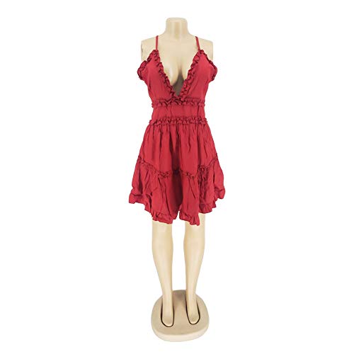 Image of WOKANSE Women Sexy V-Neck Sleeveless Spaghetti Straps Cross Backless Ruched Ruffle Party Club Beach Mini Dresses