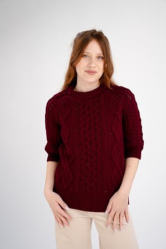 Image of Traditional Irish Sweater for Ladies Short Sleeve Cable Knit - 100% Merino Wool