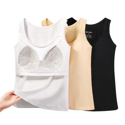 CubCuddle Girls Camisole with Built in Bra,Cotton Training Bras,Adjustable Straps, 2-in-1 Sports & Daily Wear(3Pack) (US, Alpha, Medium, Regular, Tank Top Black/White/Nude)