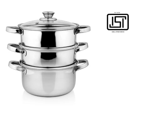 Image of KLASSI KICHEN Stainless Steel 3-Tier Food Steamer 1.5 Litre | Multi-Purpose Steamer Pot for Idli, Dhokla, Vegetables & Momos | Gas Stove & Induction Compatible | Silver
