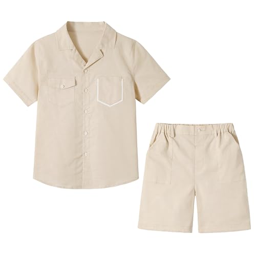Image of LOLANTA Boys 2 Pieces Linen Set kids Short Sleeve Button Down Shirt and Shorts Summer Vacation Outfits