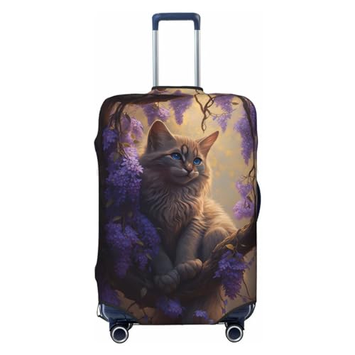 VOSERY Travel Luggage Cover - Purple Flower Lazy Cat Washable Suitcase Covers Protector Fits 18-32 Inch Luggage