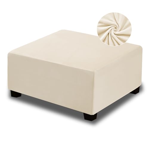 NeColorLife Ottoman Cover Square Velvet Slipcover Thick Stretchable Footrest Stool Covers with Elastic Band for Ottoman(Small Size,Cream)