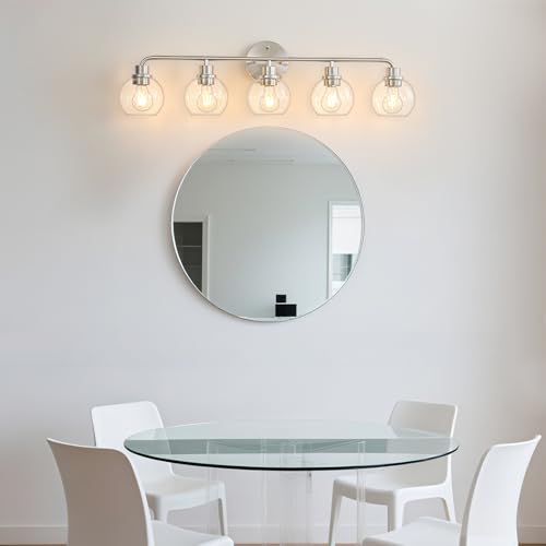 Image of Bathroom Light Fixtures 5 Light Brushed Nickel Vanity Light Silver | Modern Wall Sconces Lighting Bathroom Lights with Glass Shade Bath Wall Lights for Mirror Kitchen Living Room Hallway 34.5 inch