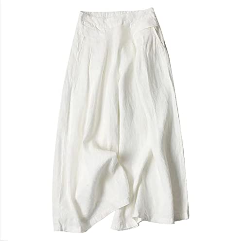 Image of Saklifuo Women's Wide Leg Palazzo Pants Linen Elastic Waist Cropped Pants Trousers Culottes White